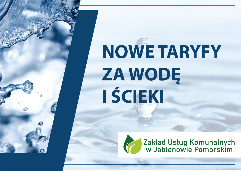 Grafika Nowe taryfy grafika. W lewej części grafika z wodą z granatowym paskiem. Częśc lewa zawiera jasnoniebieskie tło z napisami w kolorze granatowym.